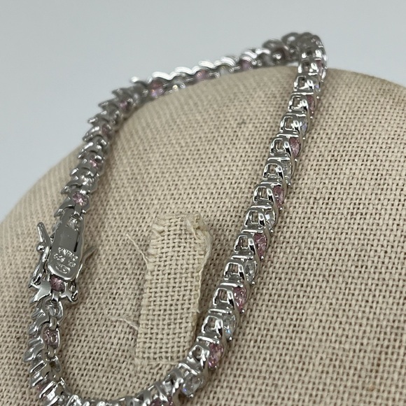 Vintage 925 Sterling Silver Tennis Bracelet – Pink & White CZ Alternating Stones - Picture 14 of 17